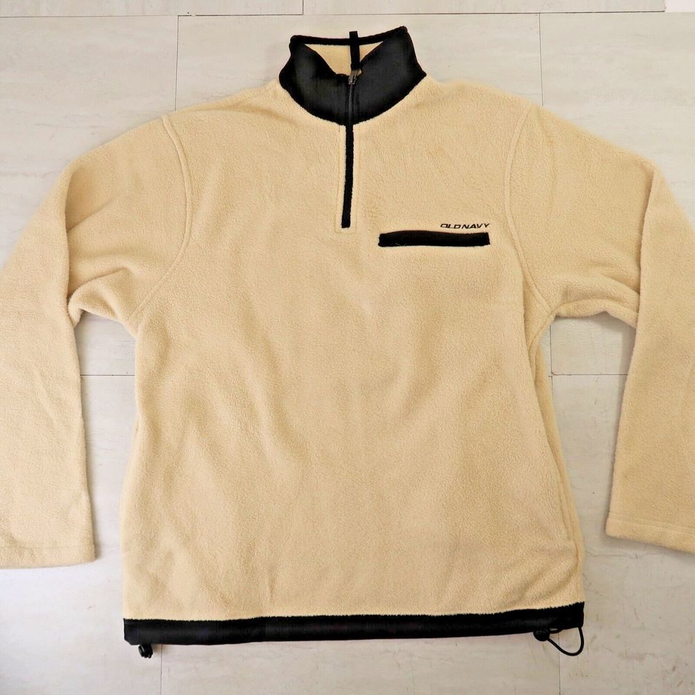 Old Navy Quarter Zip Pullover Fleece Jacket Size Small Beige Black Trim Warm